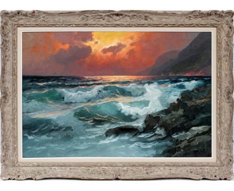 ALEXANDER DZIGURSKI OIL ON CANVAS, H 24", L 36", SHORELINE SEASCAPEDepicting a shoreline seascape at dusk. Signed lower right