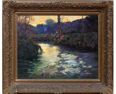 GEORGE AMES ALDRICH (AMERICAN, 1872-1941), OIL ON CANVAS, H 24", W 30", "COMING TWILIGHT"In Newcomb-Macklin gilt frame; signe
