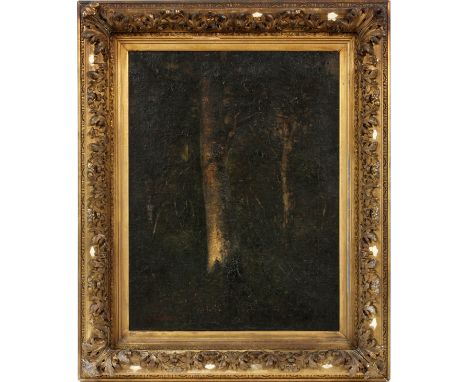 BEARS A SIGNATURE READING "G. COURBET" OIL ON CANVAS, H 26", W 20", "TREE TRUNKS OF A FOREST"Framed; bears a signature readin