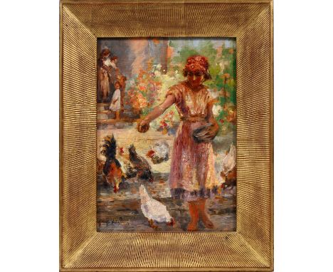 GEORGE LUKS (AMERICAN, 1867-1933), OIL ON WOOD PANEL, H 12 3/4", W 9 1/2", GIRL FEEDING CHICKENSSigned lower left; later gilt