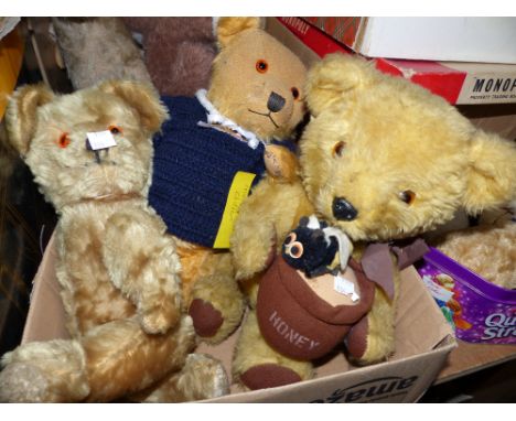 A Chad Valley/Chiltern teddy with honeypot, circa 1970, with original label; a Chiltern 1960's teddy; a 1960's Lefray teddy