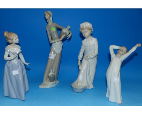 Four Nao figures:  girl with a pitcher; girl with fan; child stretching; girl with nightgown and brush