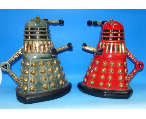 A large red ceramic Dalek cookie jar; a similar green jar (a.f.)