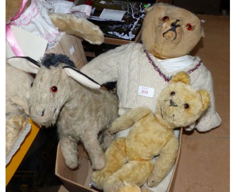 A large early 20th century teddy in cricket jumper (a.f.); a 1930's Chad Valley donkey (worn); a 1950's teddy, possibly Berg,