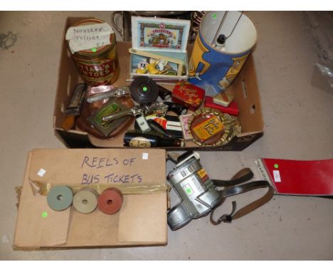 A selection of trade advertising items; a vintage bus reel and tickets