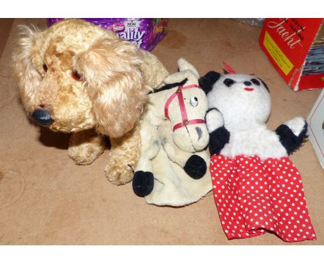 A rare Chiltern glove puppet:  "Muffin"; a Chad Valley hand puppet "Sue"; a 1950's Chiltern artificial silk plush dog