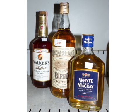 A bottle of Walker's deLuxe Bourbon whiskey, aged 8 years, 75 cl, 40% proof; a bottle of Macfarlane Blend Scotch whiskey, 75 