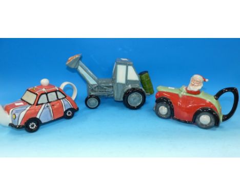 A Carlton Santa in car teapot; a limited edition novelty teapot; a similar novelty teapot; a "Fergie" tractor teapot