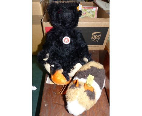 Three Steiff animals:  black bear; chipmunk, and Oriole bird