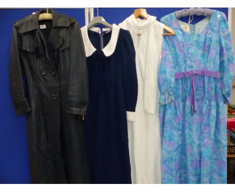 A 1970's ladies leather coat; vintage dresses; gloves; etc.