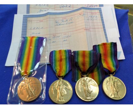 Five WWI Victory medals: 59397 Tildesley Chesh R; 55340 Boyce, Essex R; 7694 Leach, W York R; 43854 Prior, W York R; 202244 K