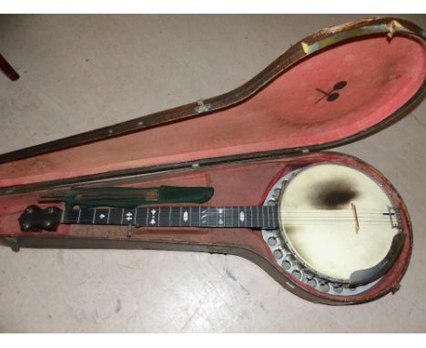 "The Windsor Premier Model 2" vintage 5-string banjo with mother-of-pearl inlay to the ebony fret board; aluminium resonator 