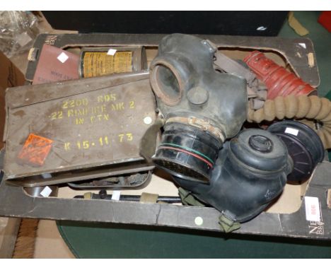 Three various gas masks; military related items, including 2 ammunition boxes; grenade tip; American Air Force balloon; etc.