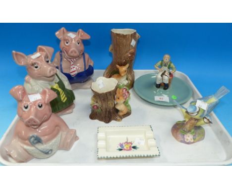 Three Wade NatWest pigs:  Boy, Girl & Baby; a Timpson cobbler ashtray; 2 Hornsea vase; a Royal Worcester group "Blue Tits"; a