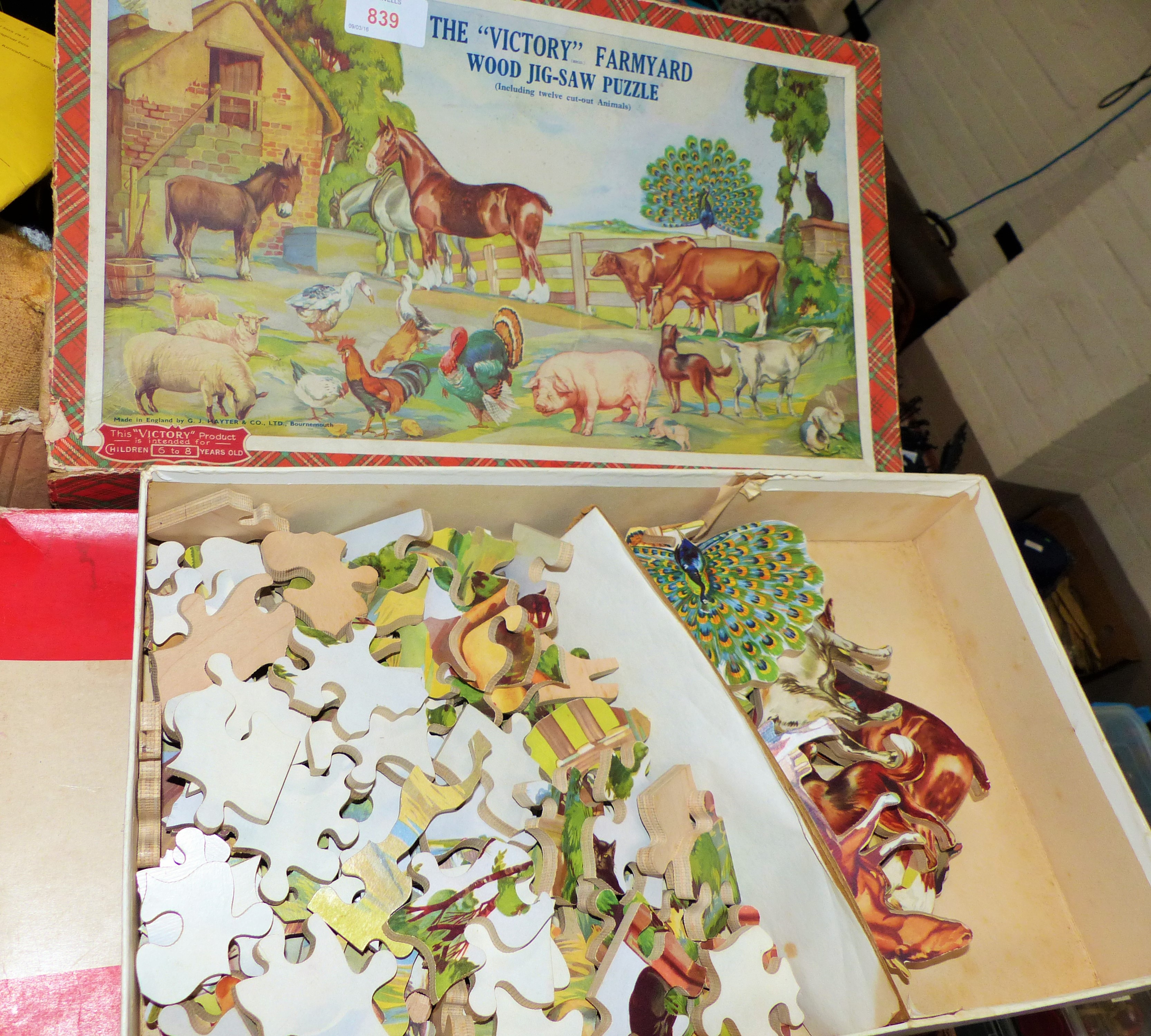 The "Victory" Farmyard Wood jigsaw puzzle; other vintage toys