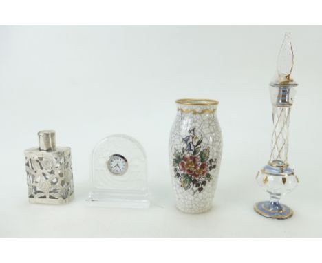 Art Nouveau sterling silver and glass scent bottle, Baccarat small glass mantle clock and a glass scent bottle (3)