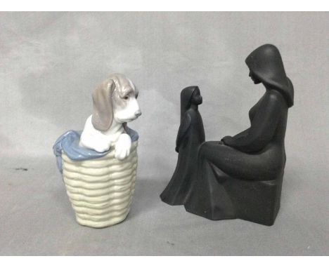 ROYAL DOULTON BASALT FIGURE OF 'MOTHER AND DAUGHTER'along with a Lladro figure of a dog
