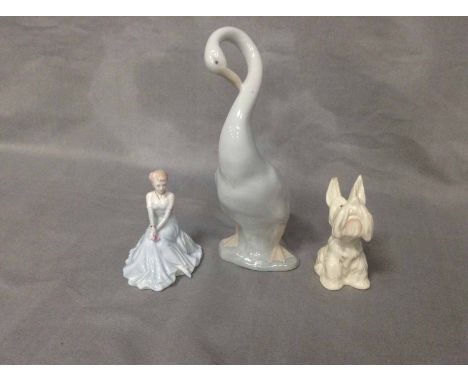 PAIR OF WEDGWOOD CANDLESTICKS, BELLEEK VASE, BESWICK DOG FIGURE, NAO GOOSE FIGURE AND COALPORT 'DEBUTANTES' FIGURE OF 'JANICE