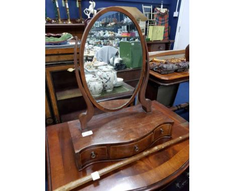 MAHOGANY SERPENTINE FRONTED DRESSING MIRROR, SWAGGER STICK AND A COLOUR PRINT (3) 