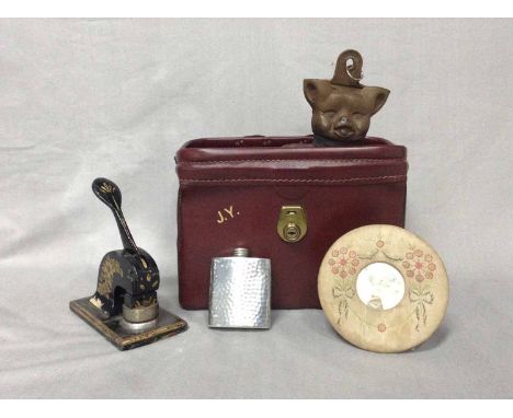 LEATHER GLADSTONE BAGtogether with a school belt, vintage tape measure, water bottle, seal stamp, small embroidered picture f