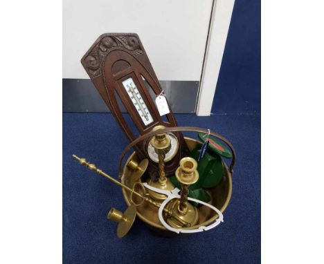LOT OF BRASS WAREincluding wall sconce, chargers, jelly pan, as well as scales and a wall barometer 