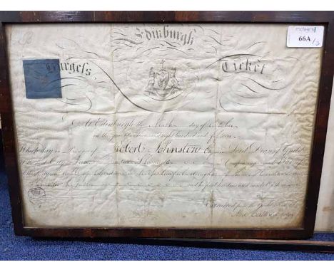 EARLY 19TH CENTURY FRAMED TICKETalong with two framed signed army papers (3)