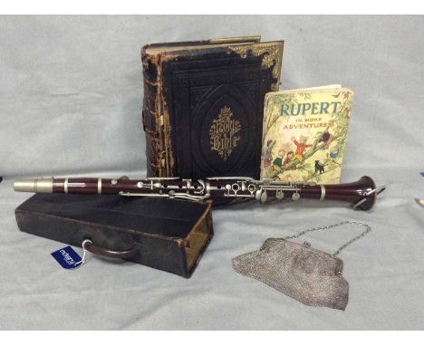 SILVER MOUNTED MESH PURSE, CLARINET, 'RUPERT IN MORE ADVENTURES' ANNUAL, FAMILY BIBLE AND A FILIGREE SPOON 