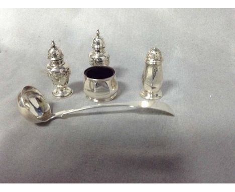 SMALL LOT OF SILVERcomprising three pepper shakers, salt dish and sauce ladle