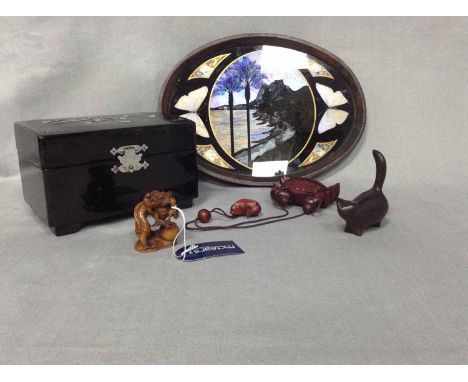 JAPANESE NETSUKE OF A DRAGONtogether with a koro in the form of a crab, horn snuff mull, small hardwood cat, small serving tr