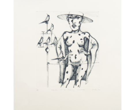 * KEITH MCINTYRE, DALMATION AND HER PERFORMING COCKATIELSartist's proof etching, signed and dated '91 (lower right) and inscr