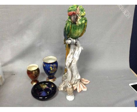 CERAMIC PARROT FIGURE, TWO CARLTON WARE VASES, OWL FIGURE AND A ROYAL STANLEY DISH