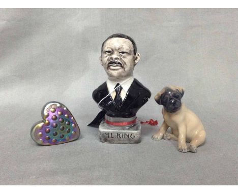 ROYAL COPENHAGEN CERAMIC PUGalong with a Martin Luther King decanter filled with Anisetta, and a Robert Held art glass paperw