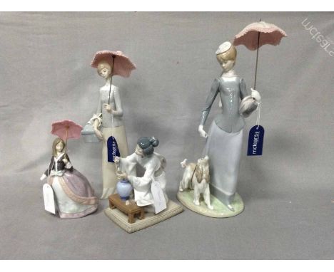 LOT OF LLADRO FIGUREScomprising lady with dog, lady holding a parasol, lady carrying a present and a Geisha kneeling (4) 