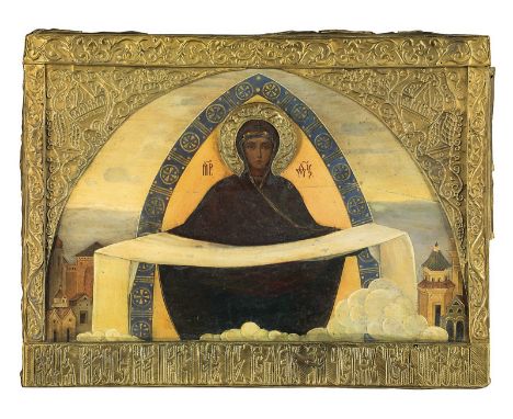  An Art Nouveau Icon of the Pokrov with a Brass Basma  AFTER 1911 28 by 37 cm.The icon is a striking example of the Russian A