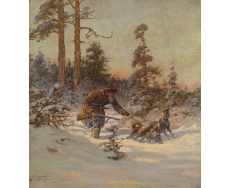  TIKHMENEV, EVGENY (1869-1934) Hunting Scene, signed, also further numbered "N 27" on the label on the reverse. Oil on canvas