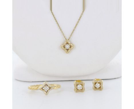 A gorgeous three piece set from Venetian Quatrefoil collection in 18K Yellow Gold and Diamonds including stud earrings, ring 