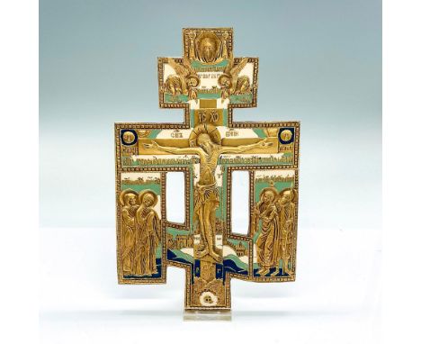 Metal replica of a Byzantine triple cross from 400 A.D. depicting Jesus, originally cast in gold. Blue, white and light teal 