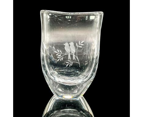 V-Shaped crystal vase with love birds perched on a branch design. Signed to bottom base. Artist: Nils LandbergDimensions: 3.5