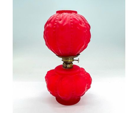 Ruby red matte glass oil lamp, in textured raised design. The top and bottom are separate pieces. Dimensions: 4.75"L x 4.75"W