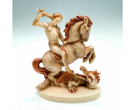 Hummel Figurine #55; Matte porcelain, hand painted. St. George on a rearing horse slaying a dragon. 'M. I. Hummel' inscribed 