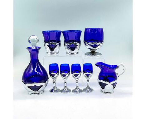 Farber Brothers Krome Kraft entertainment set in bright cobalt blue glass in silver plated frame holders. Decanter with stopp