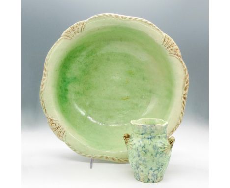 Set includes wash basin and toothbrush holder. Stoneware is sponge painted with blue and tan with light glaze and gilding on 