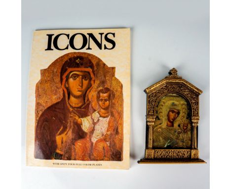 Image of Mary and Jesus in a wood gold and black frame, 10"H x 7"W x 1.5"D. Large slender Icons book of color Icon images, 15