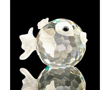 Sparkling faceted and molded crystal figurine modeled as a pufferfish with frosted finished fins and cute little black eyes. 