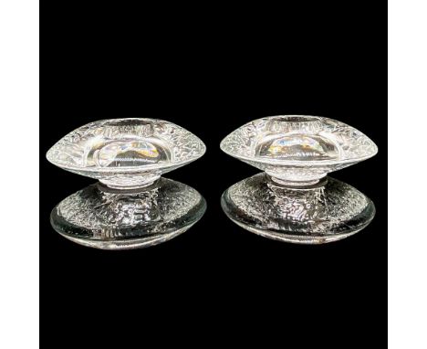 Beautiful sleek round votive candle holder set. Designed for marble interior appearance. Orrefor back stamp. Dimensions: 2"H 