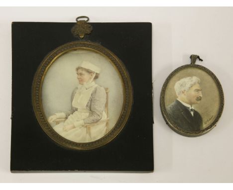 English School, c.1900PORTRAIT OF A NURSE, THREE-QUARTER LENGTH SEATED, IN UNIFORMMiniature on ivory, oval112 x 82mm;and anot