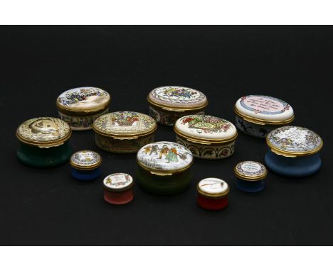 Twelve Halcyon Days enamel boxes: five oval (two boxed), the rest circular (four tiny)