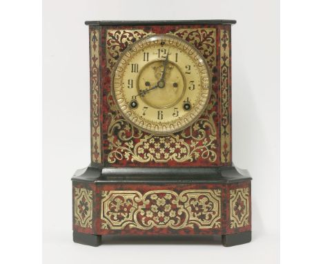 A Victorian boulle and ebonised mantel clock, French striking drum movement, 30cm high