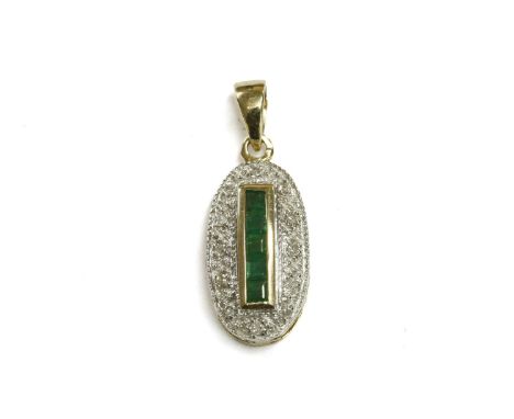 A 9ct gold emerald and diamond oval cluster pendant