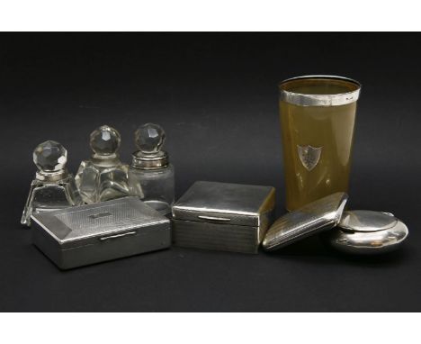 A silver rimmed horn beaker, together with a silver cigarette case, a silver cigarette box, a table snuff box, and a silver p